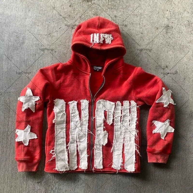 Y2k Long Sleeved Pullover Hoodie With Letter Patchwork Tops Streetwear Vintage Hoodie School Outfit Punk High Street Ootd News