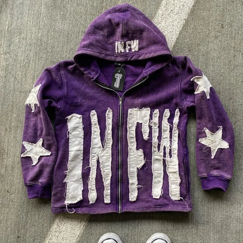 Y2k Long Sleeved Pullover Hoodie With Letter Patchwork Tops Streetwear Vintage Hoodie School Outfit Punk High Street Ootd News