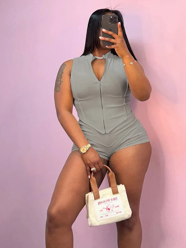 kliou Casual Summer Women Shorts Set Solid Active Irregular Zip-up Tank Tops+Stretch Bottoms Mujer Basic Matching Street 2 Piece