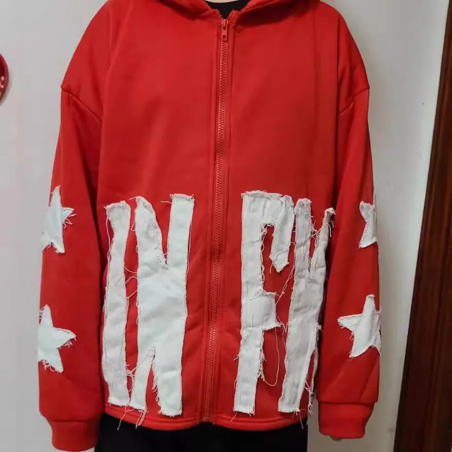Y2k Long Sleeved Pullover Hoodie With Letter Patchwork Tops Streetwear Vintage Hoodie School Outfit Punk High Street Ootd News