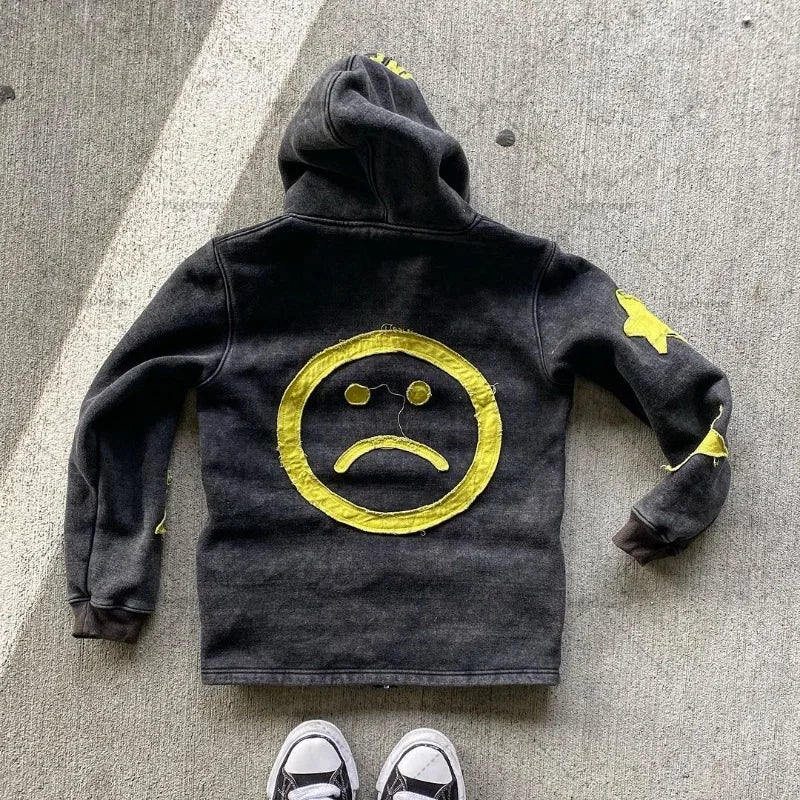 Y2k Long Sleeved Pullover Hoodie With Letter Patchwork Tops Streetwear Vintage Hoodie School Outfit Punk High Street Ootd News