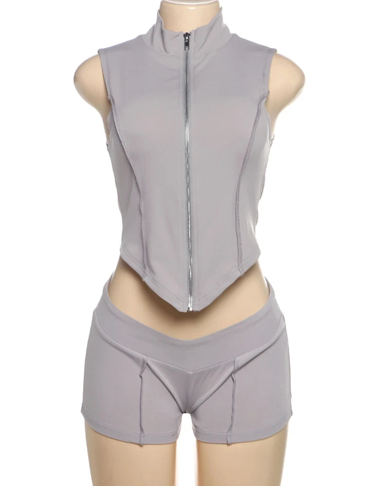 kliou Casual Summer Women Shorts Set Solid Active Irregular Zip-up Tank Tops+Stretch Bottoms Mujer Basic Matching Street 2 Piece