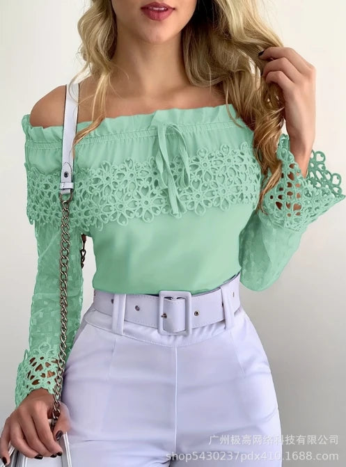 Women's Blouse Daily Casual Fashion Solid Off Shoulder Guipure Lace Frill Hem Drawstring Mesh Long Sleeve Straight Top
