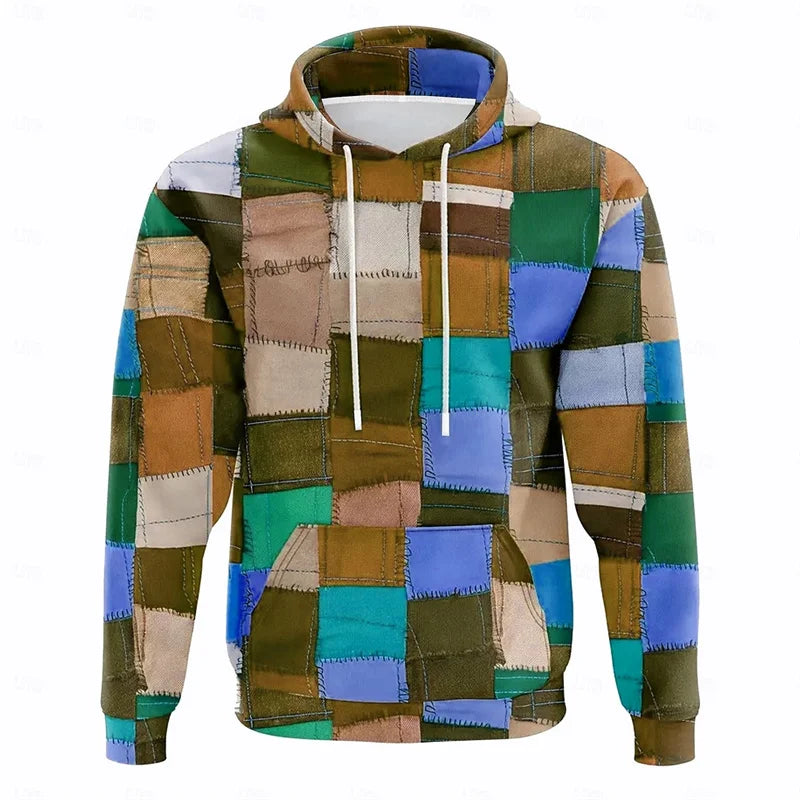 Plaid Patchwork Print Hoodie Men's Casual Daily Clothing Oversized Hooded Coat 3d Print Harajuku Street 2025 Fashion New Hoodies
