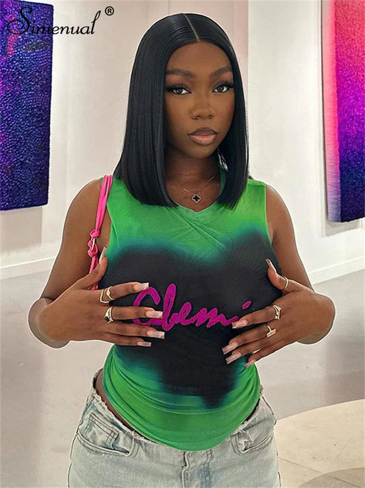 Simenual Fairy Grunge Tie Dye Printed Sleeveless Tank Top Sexy Mesh See Through Crop Tops Women Hot Club Vest Y2K Slim Clothing