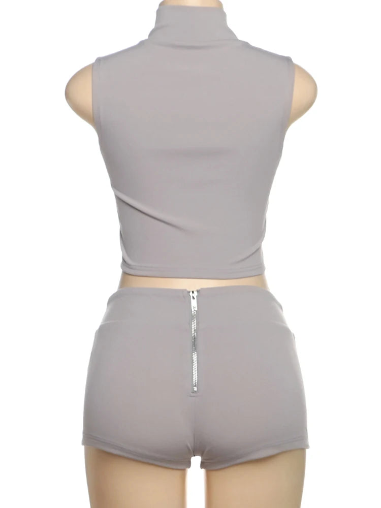 kliou Casual Summer Women Shorts Set Solid Active Irregular Zip-up Tank Tops+Stretch Bottoms Mujer Basic Matching Street 2 Piece