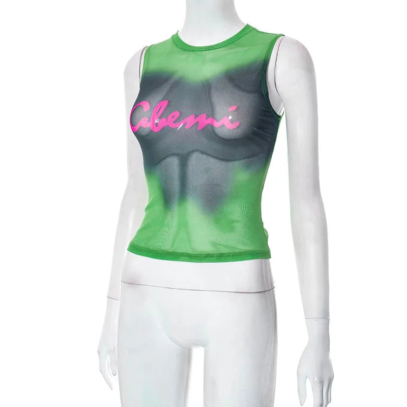 Simenual Fairy Grunge Tie Dye Printed Sleeveless Tank Top Sexy Mesh See Through Crop Tops Women Hot Club Vest Y2K Slim Clothing