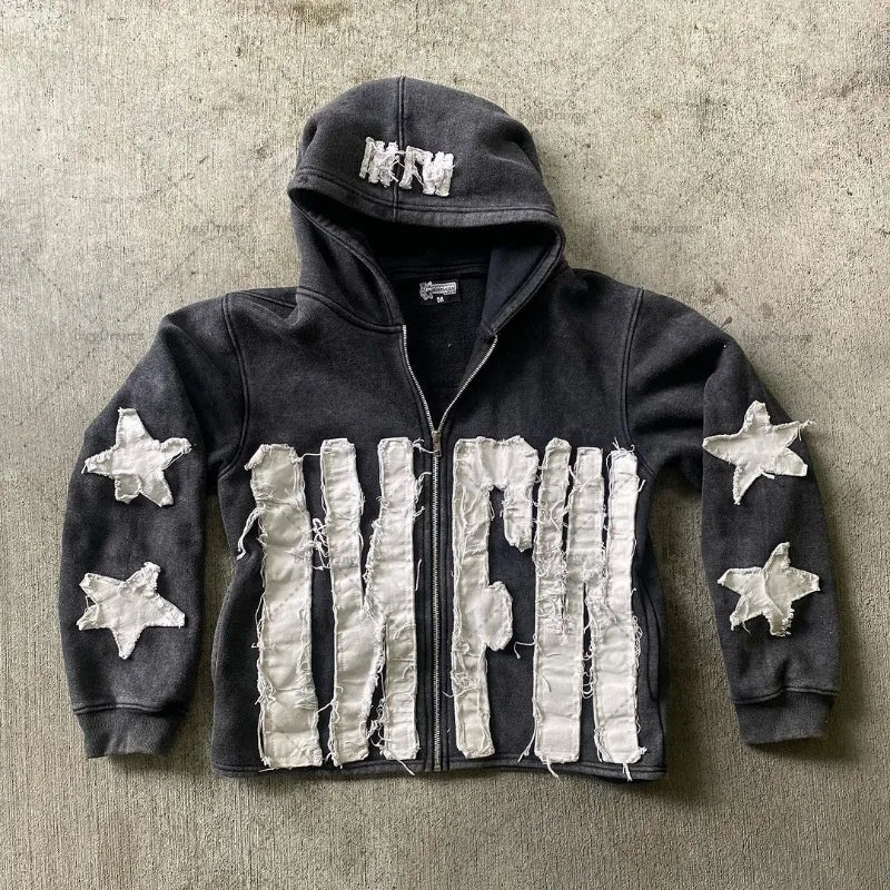 Y2k Long Sleeved Pullover Hoodie With Letter Patchwork Tops Streetwear Vintage Hoodie School Outfit Punk High Street Ootd News