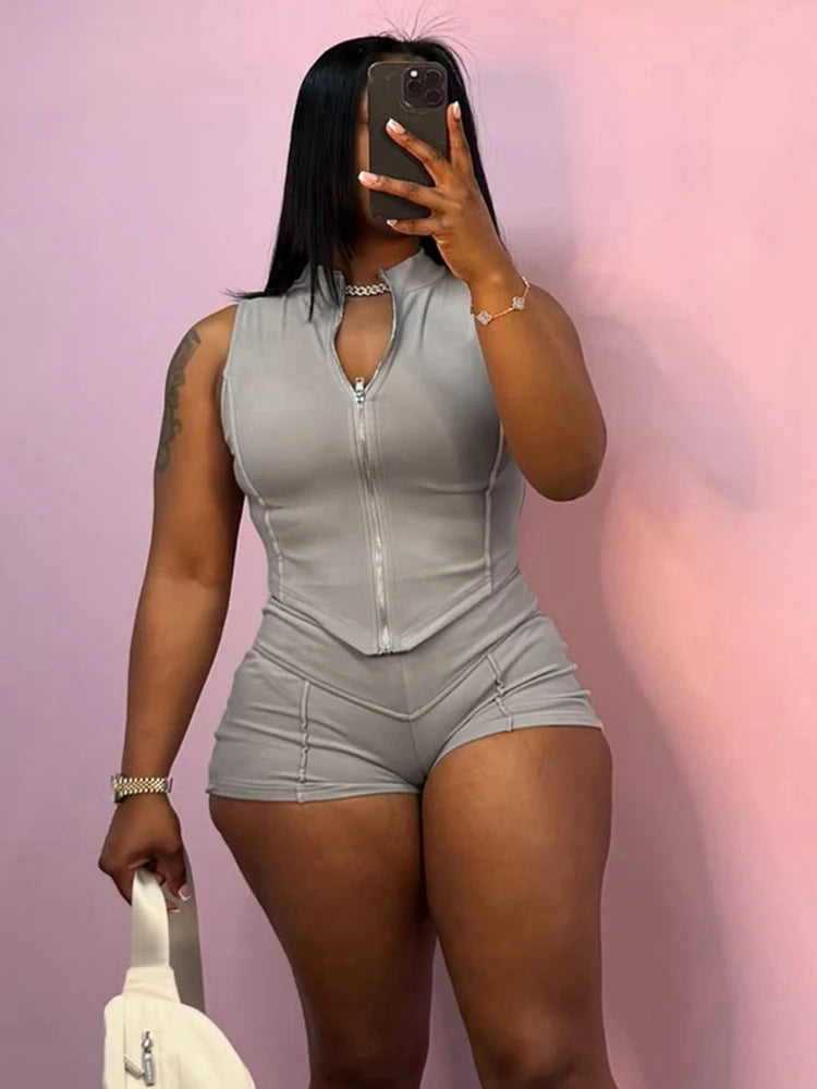 kliou Casual Summer Women Shorts Set Solid Active Irregular Zip-up Tank Tops+Stretch Bottoms Mujer Basic Matching Street 2 Piece