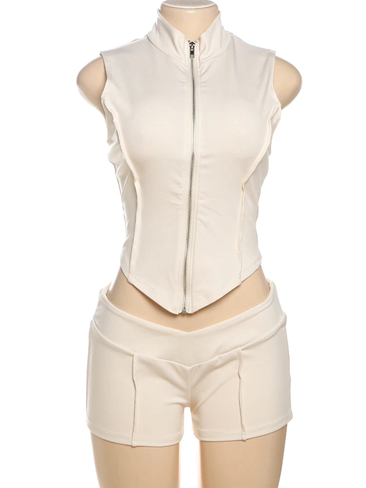 kliou Casual Summer Women Shorts Set Solid Active Irregular Zip-up Tank Tops+Stretch Bottoms Mujer Basic Matching Street 2 Piece