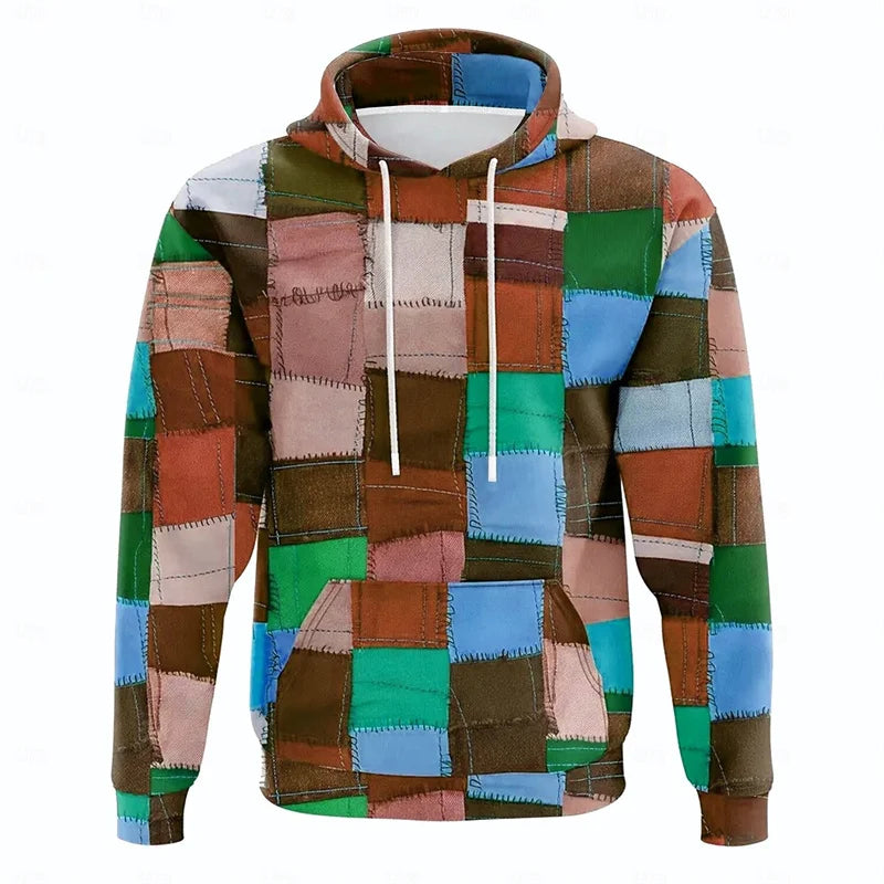 Plaid Patchwork Print Hoodie Men's Casual Daily Clothing Oversized Hooded Coat 3d Print Harajuku Street 2025 Fashion New Hoodies