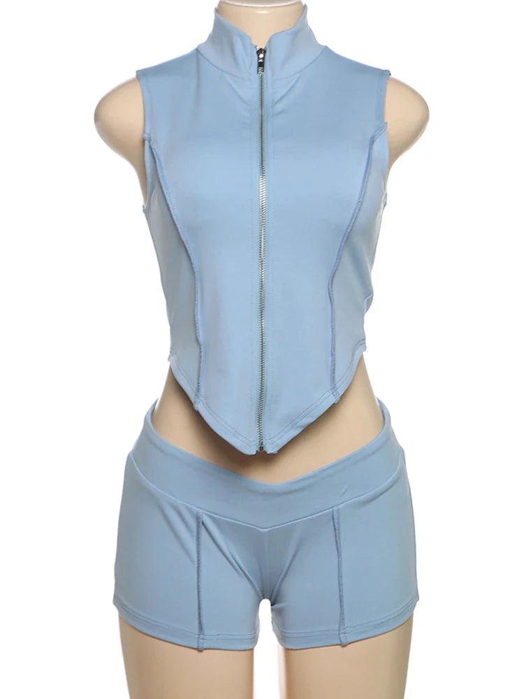 kliou Casual Summer Women Shorts Set Solid Active Irregular Zip-up Tank Tops+Stretch Bottoms Mujer Basic Matching Street 2 Piece