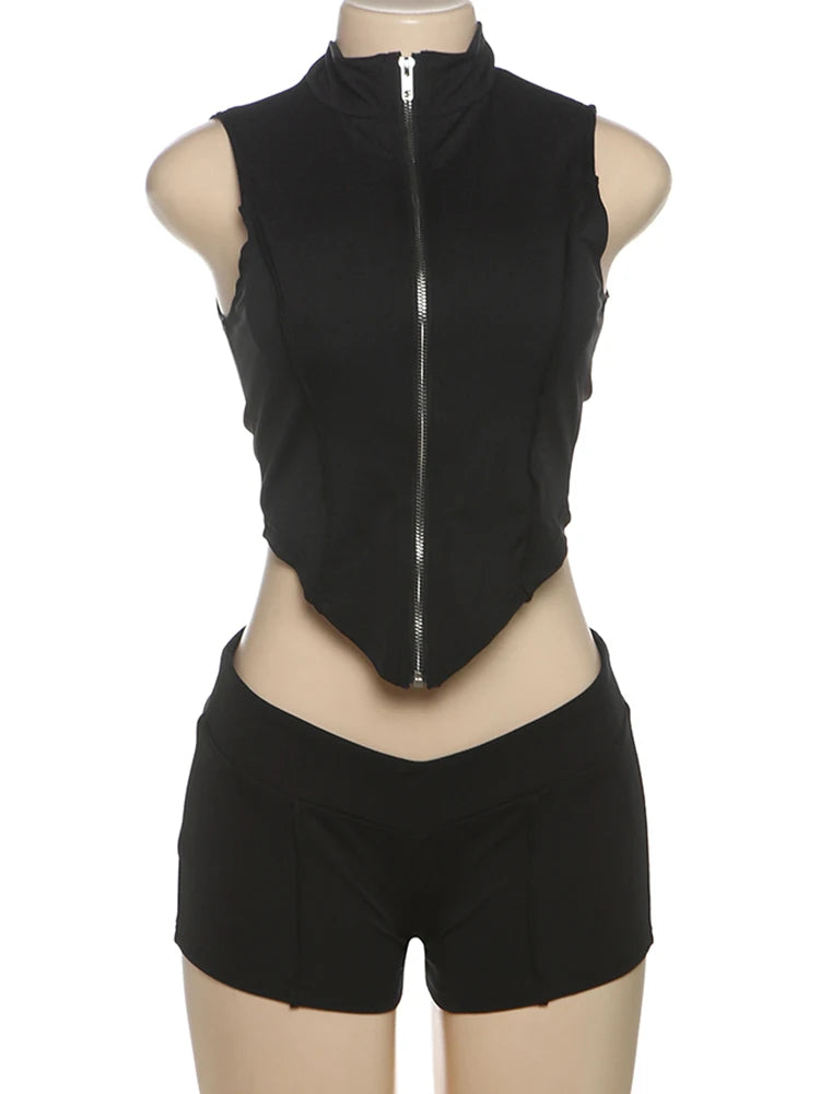 kliou Casual Summer Women Shorts Set Solid Active Irregular Zip-up Tank Tops+Stretch Bottoms Mujer Basic Matching Street 2 Piece