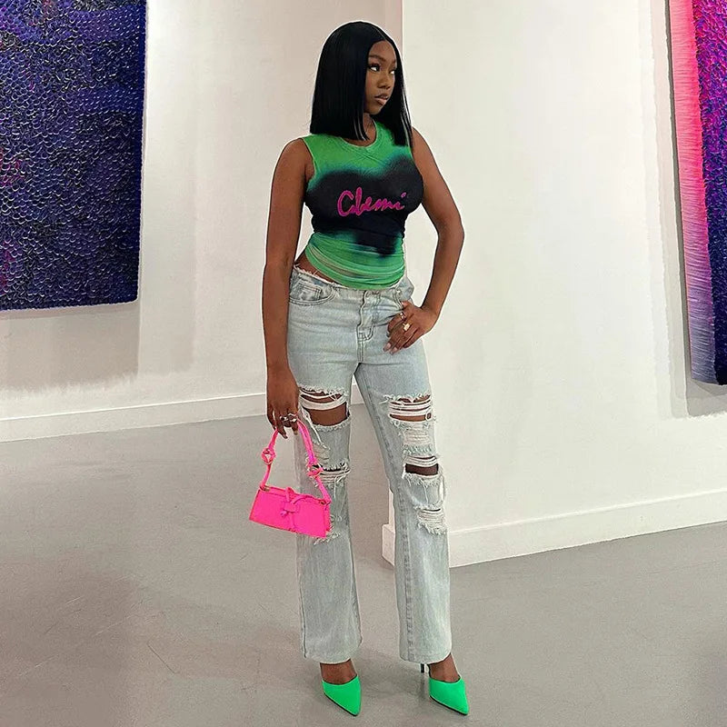 Simenual Fairy Grunge Tie Dye Printed Sleeveless Tank Top Sexy Mesh See Through Crop Tops Women Hot Club Vest Y2K Slim Clothing
