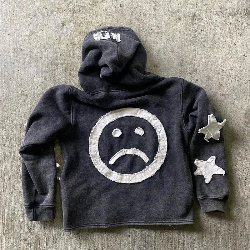 Y2k Long Sleeved Pullover Hoodie With Letter Patchwork Tops Streetwear Vintage Hoodie School Outfit Punk High Street Ootd News