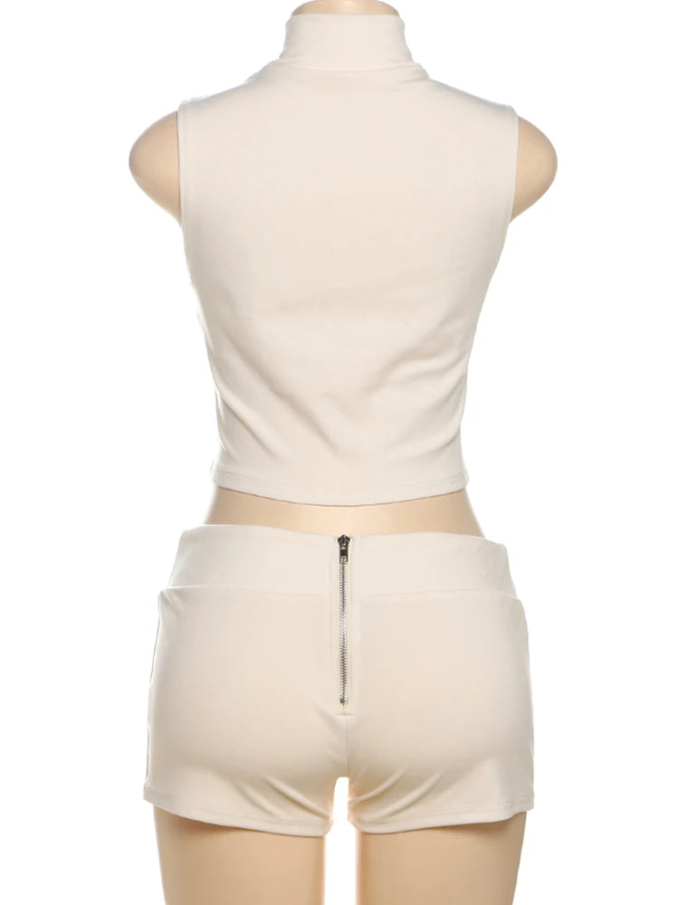 kliou Casual Summer Women Shorts Set Solid Active Irregular Zip-up Tank Tops+Stretch Bottoms Mujer Basic Matching Street 2 Piece