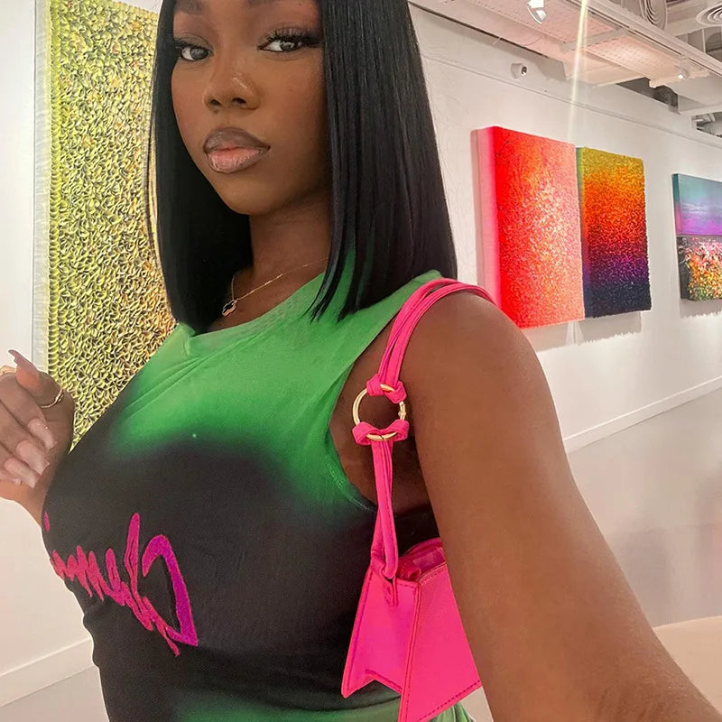 Simenual Fairy Grunge Tie Dye Printed Sleeveless Tank Top Sexy Mesh See Through Crop Tops Women Hot Club Vest Y2K Slim Clothing