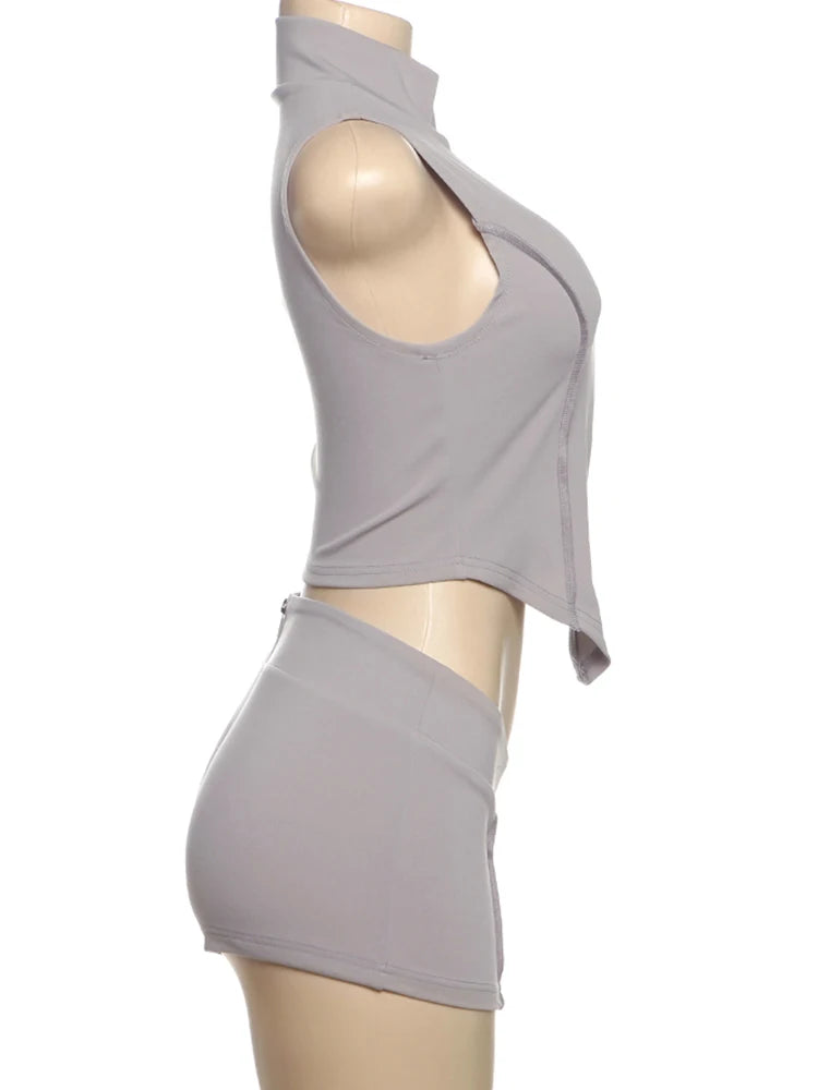 kliou Casual Summer Women Shorts Set Solid Active Irregular Zip-up Tank Tops+Stretch Bottoms Mujer Basic Matching Street 2 Piece