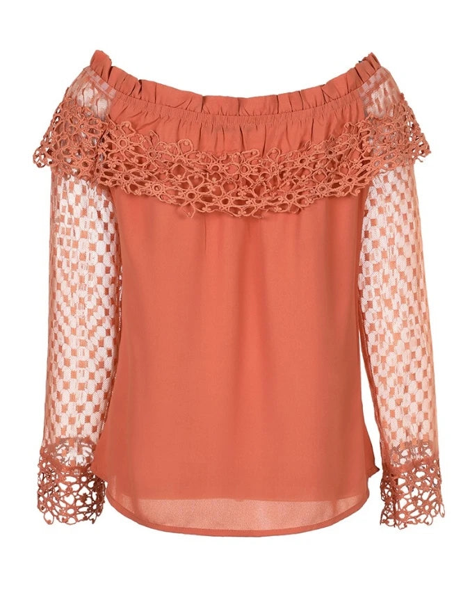 Women's Blouse Daily Casual Fashion Solid Off Shoulder Guipure Lace Frill Hem Drawstring Mesh Long Sleeve Straight Top