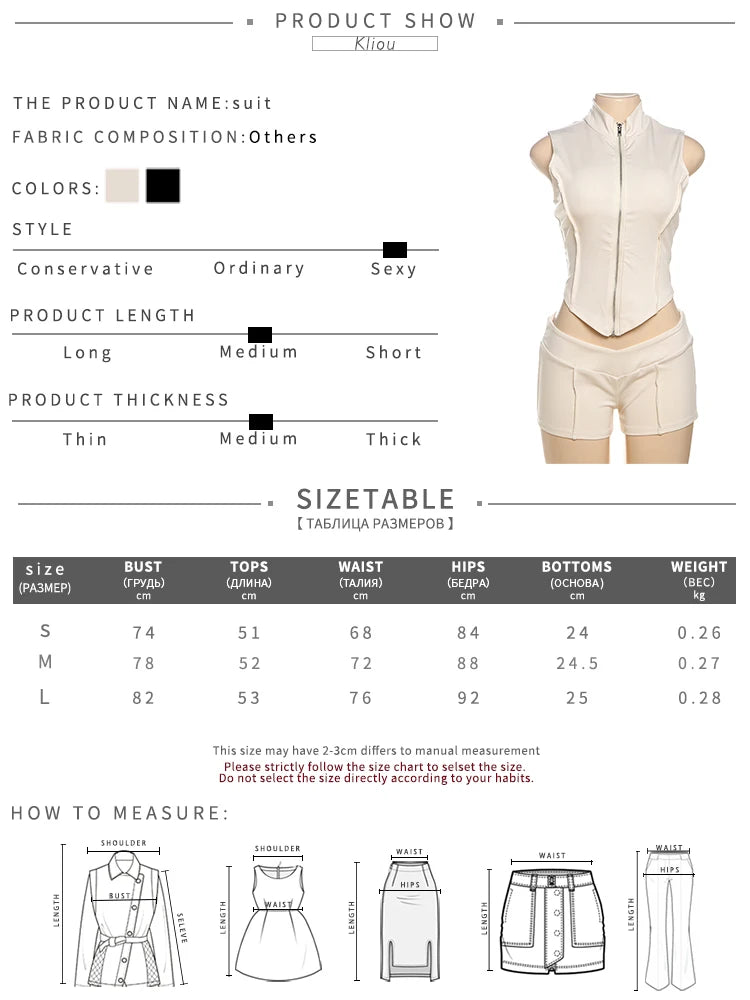 kliou Casual Summer Women Shorts Set Solid Active Irregular Zip-up Tank Tops+Stretch Bottoms Mujer Basic Matching Street 2 Piece