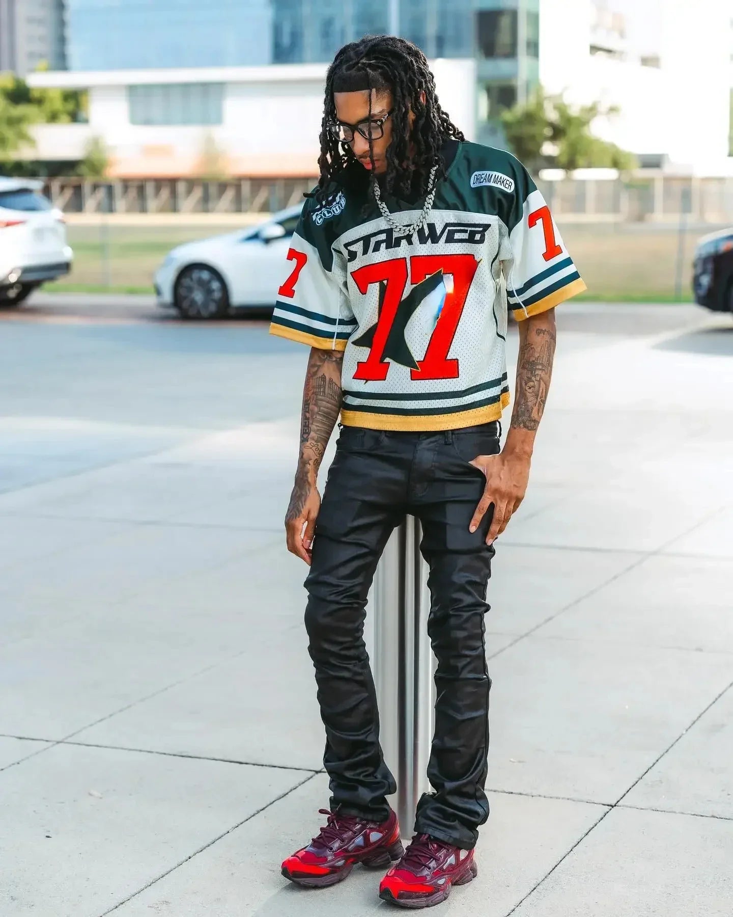 Summer Ins Personalized Streetwear Letter Print Loose No. 77 Jersey Mesh Top New 2025 Breathable Patchwork Short-sleeved T-shirt
