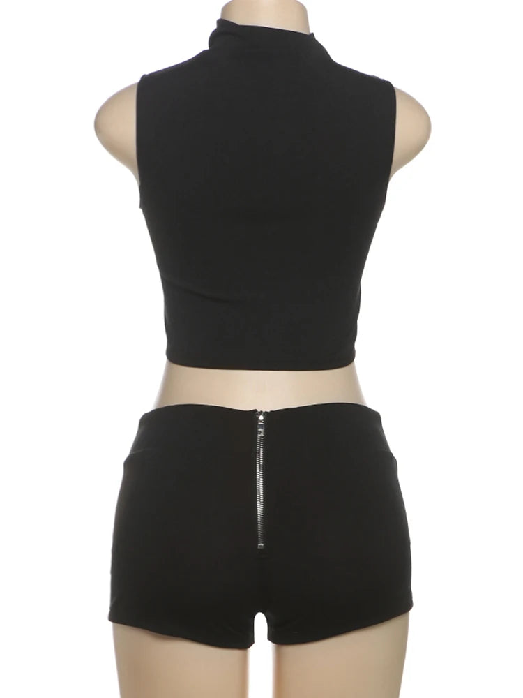 kliou Casual Summer Women Shorts Set Solid Active Irregular Zip-up Tank Tops+Stretch Bottoms Mujer Basic Matching Street 2 Piece