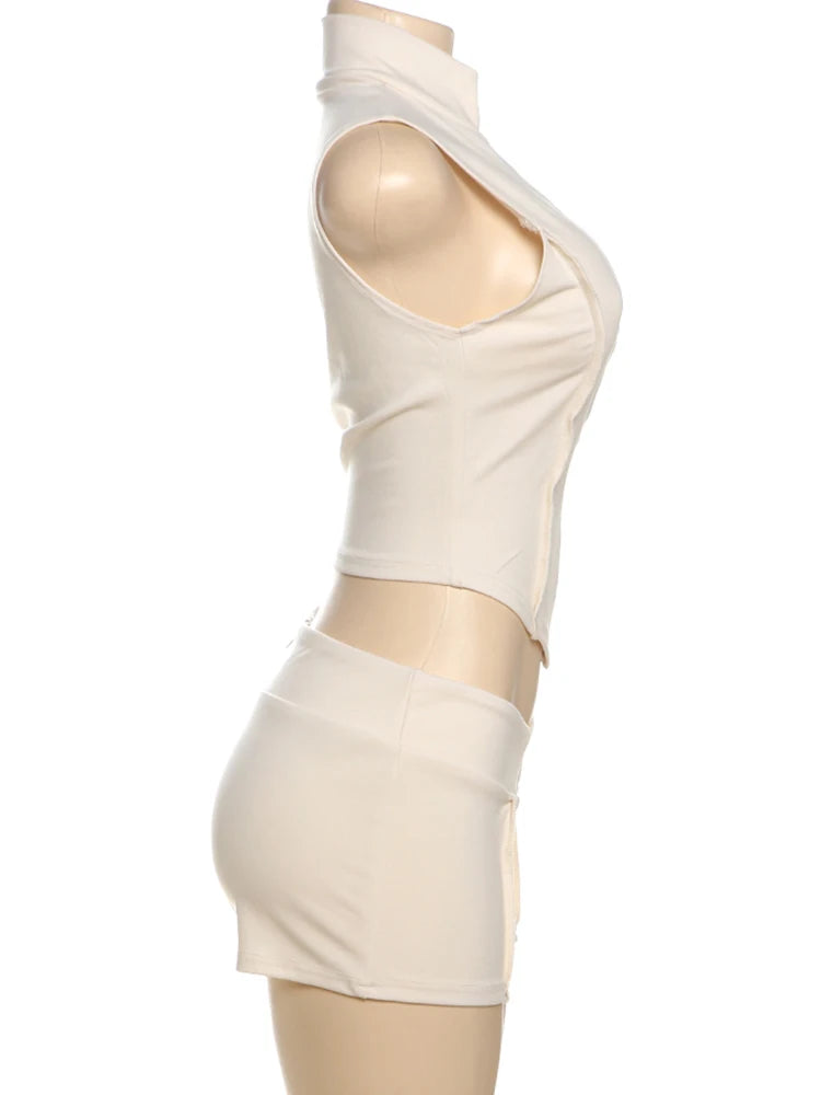 kliou Casual Summer Women Shorts Set Solid Active Irregular Zip-up Tank Tops+Stretch Bottoms Mujer Basic Matching Street 2 Piece