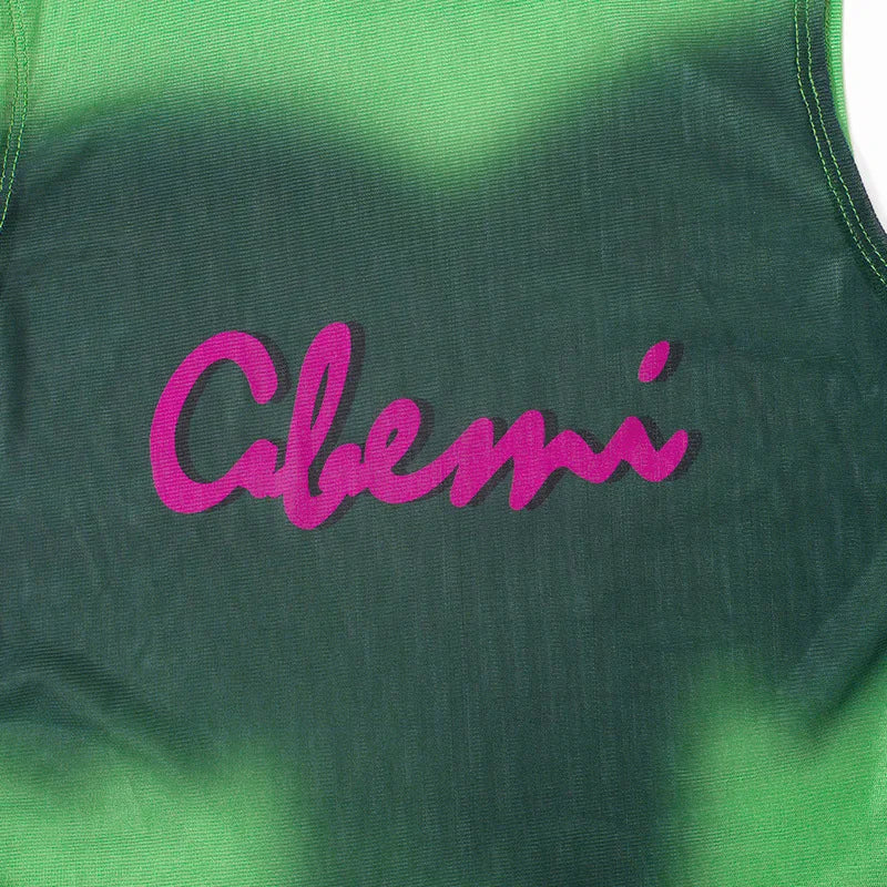 Simenual Fairy Grunge Tie Dye Printed Sleeveless Tank Top Sexy Mesh See Through Crop Tops Women Hot Club Vest Y2K Slim Clothing