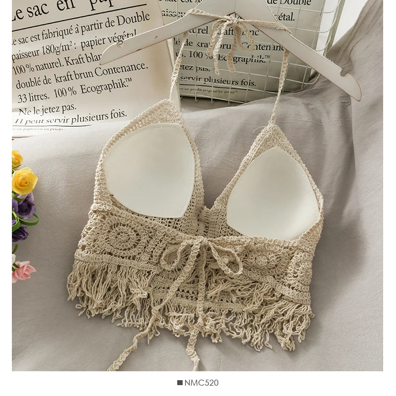 2024 Crop Tops Retro Wild Hollow Perspective Tassel Sexy Spaghetti Strap Tanke Top Women Built In Bra New Back Lace Halter Neck