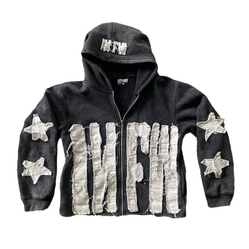 Y2k Long Sleeved Pullover Hoodie With Letter Patchwork Tops Streetwear Vintage Hoodie School Outfit Punk High Street Ootd News