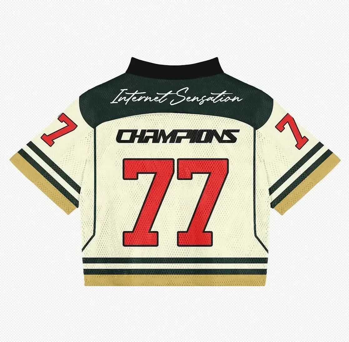 Summer Ins Personalized Streetwear Letter Print Loose No. 77 Jersey Mesh Top New 2025 Breathable Patchwork Short-sleeved T-shirt