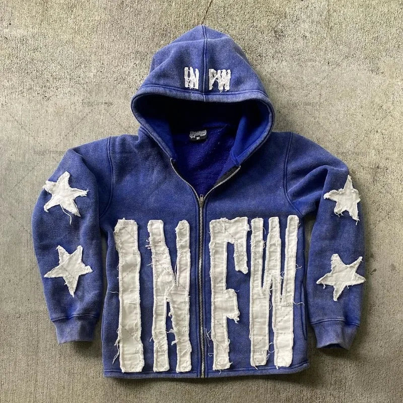 Y2k Long Sleeved Pullover Hoodie With Letter Patchwork Tops Streetwear Vintage Hoodie School Outfit Punk High Street Ootd News