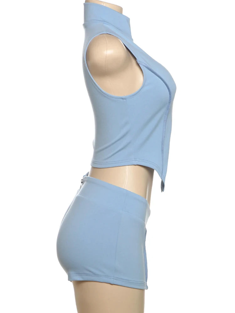 kliou Casual Summer Women Shorts Set Solid Active Irregular Zip-up Tank Tops+Stretch Bottoms Mujer Basic Matching Street 2 Piece
