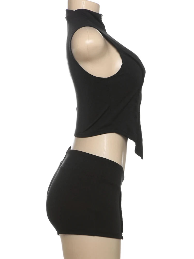 kliou Casual Summer Women Shorts Set Solid Active Irregular Zip-up Tank Tops+Stretch Bottoms Mujer Basic Matching Street 2 Piece