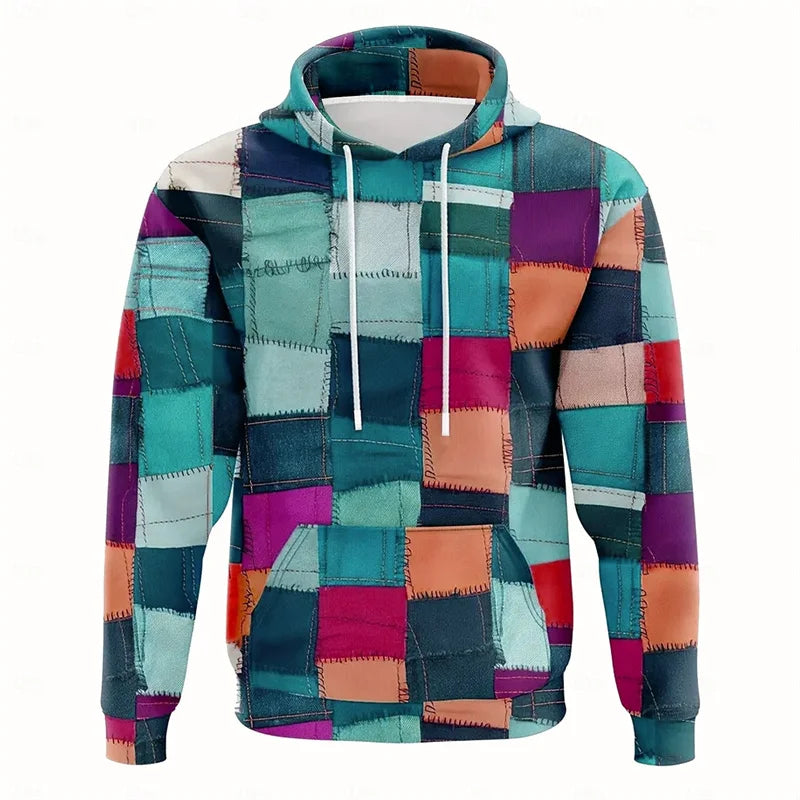 Plaid Patchwork Print Hoodie Men's Casual Daily Clothing Oversized Hooded Coat 3d Print Harajuku Street 2025 Fashion New Hoodies