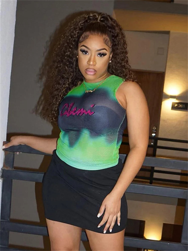 Simenual Fairy Grunge Tie Dye Printed Sleeveless Tank Top Sexy Mesh See Through Crop Tops Women Hot Club Vest Y2K Slim Clothing